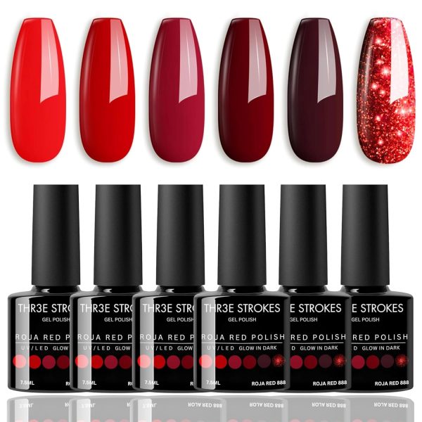 THR3E STROKES Gel Nail Polish Set - 6 Colors Gel Polish Glitter Burgundy Sparkle Bloody Red Nail Polish Gel Manicure DIY Salon Nail Art Gifts (ROJA RED 888), 7.5 ml, Glossy Finish