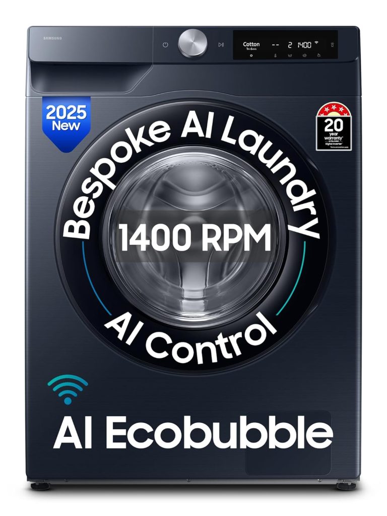 Samsung 9 kg, 5 Star, AI Control, AI Ecobubble, Super Speed, Wi-Fi, Hygiene Steam with Inbuilt Heater, Digital Inverter, Fully-Automatic Front Load Washing Machine (WW90DG6U24ASTL, NAVY)