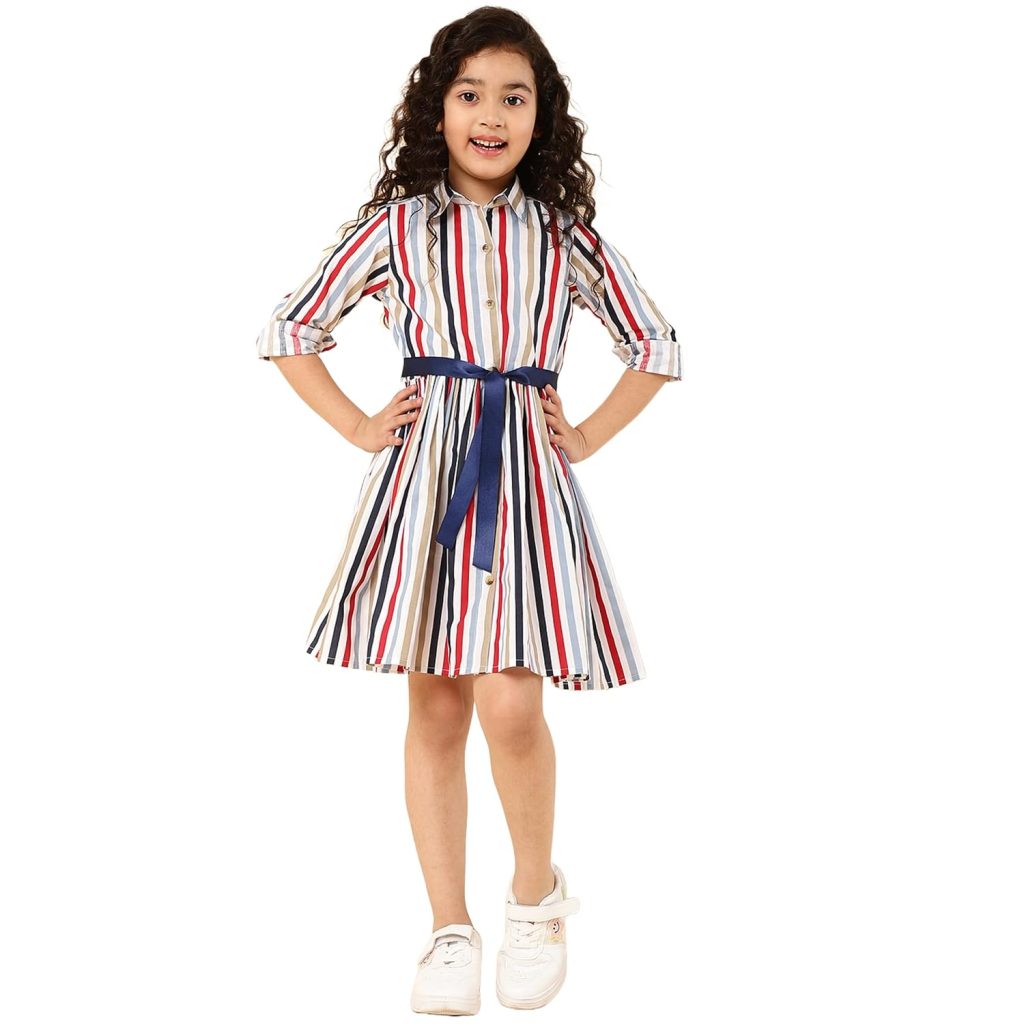 A.T.U.N. (ALL THINGS UBER NICE) Girls Cotton Striped Knee Length Shirt Dress | Full Sleeve Party Dress