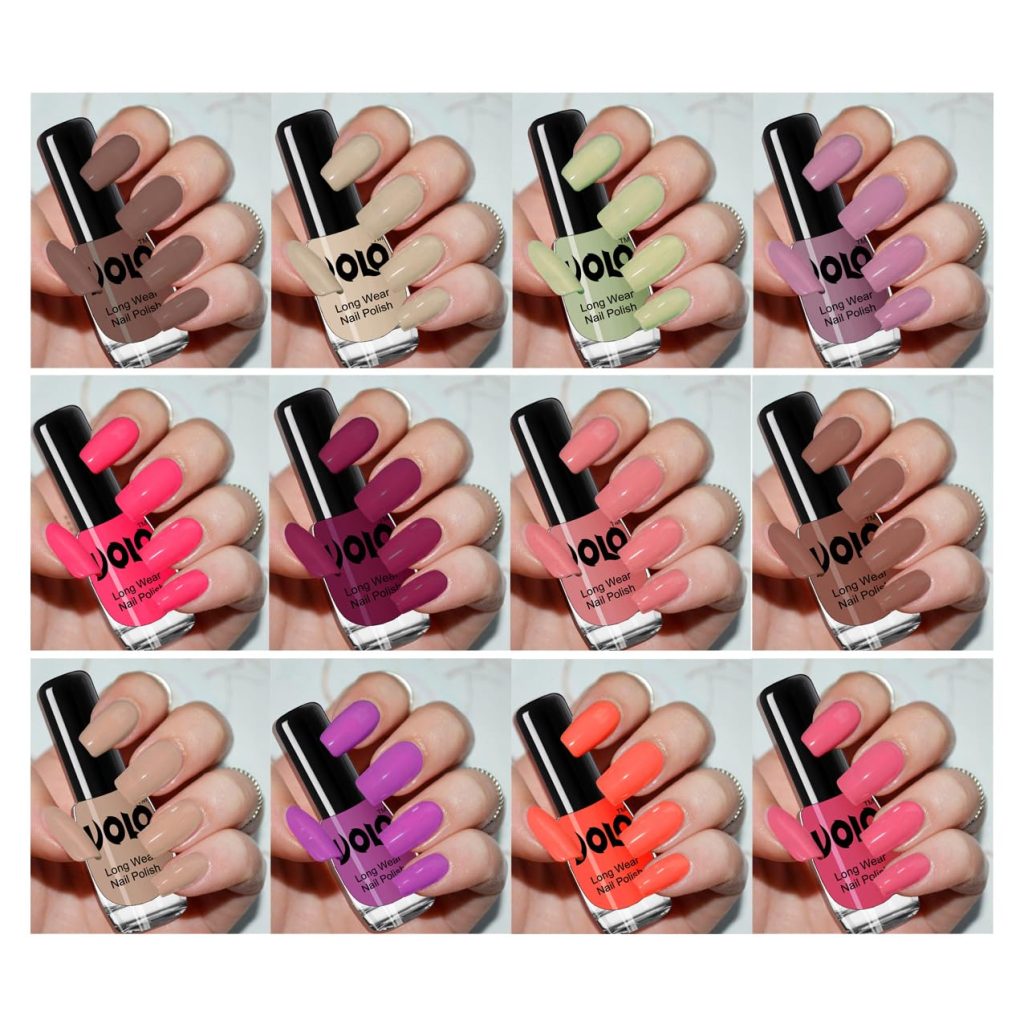 Volo Color Rich Toxic Free Perfection Shine Nail Polish Set of 12 Combo-No-278 Coral, Mischievous Mint, Bright Plum, Dark Nude, Nude, ETC (Pack of 12)