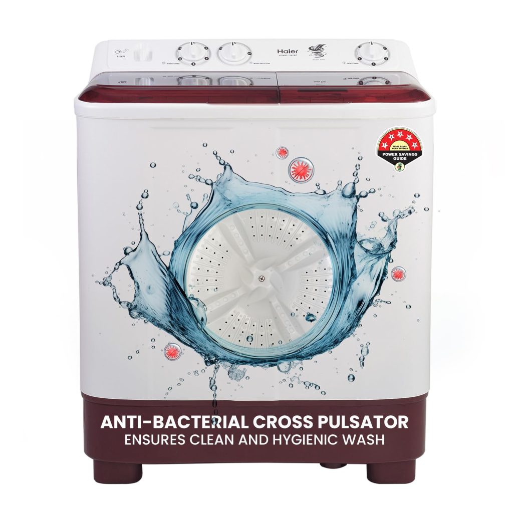 Haier 7 Kg 5 Star Semi Automatic Top Load Washing Machine with Anti Bacterial Cross Pulsator and Spray Function (HTW70-1187BTN, Anti Rat Mesh, Magic Filter, Castors, Burgundy)
