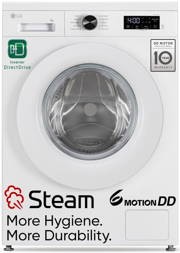 LG 7 Kg, 5 Star, Steam, Inverter Direct Drive Technology, 6 Motion DD, Fully-Automatic Front Load Washing Machine (FHB1207Z2W, Remove Allergens & Tough Stain, In-Built Heater, Essence White)