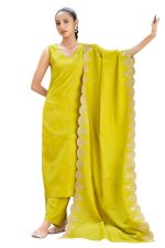 MOKOSH Women's Solid Chinon Embroidered V Neck Sleeveless Kurta and Pant with Dupatta Set