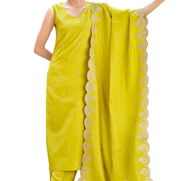 MOKOSH Women's Solid Chinon Embroidered V Neck Sleeveless Kurta and Pant with Dupatta Set