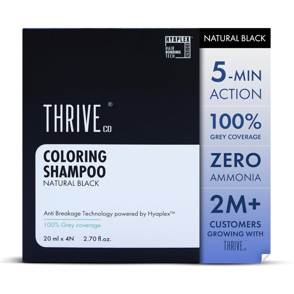 ThriveCo Natural Black 5-Minute Coloring Shampoo | 100% Grey Coverage - 20ml X 4 | Ammonia-Free | Infused with Hyaplex™ | Hydrates Hair & Delivers Deep, Long-Lasting Color | 80 ML