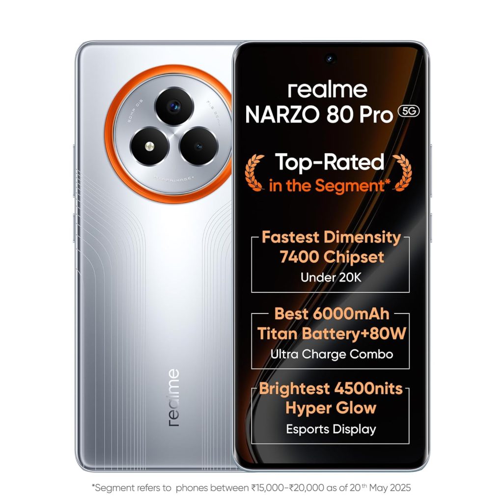 realme NARZO 80 Pro 5G (Speed Silver,12GB+256GB) | Segment's 1st MediaTek Dimensity 7400 Chipset | 6000mAh Titan Battery + 80W Ultra Charge | 4500nits HyperGlow Esports Display | IP69 Waterproof