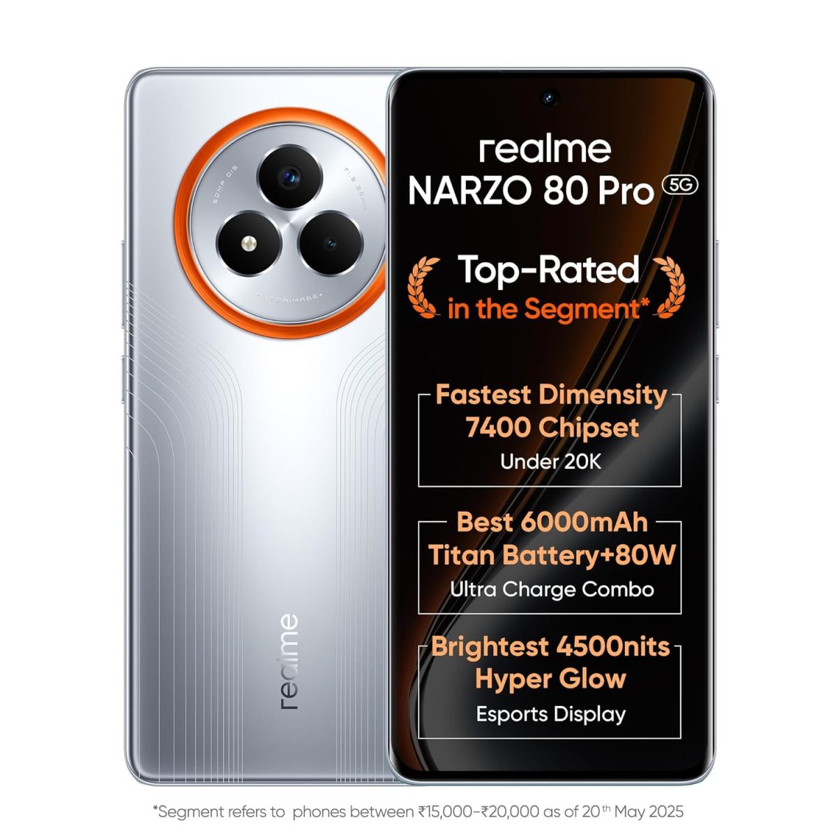 realme NARZO 80 Pro 5G (Speed Silver,12GB+256GB) | Segment's 1st MediaTek Dimensity 7400 Chipset | 6000mAh Titan Battery + 80W Ultra Charge | 4500nits HyperGlow Esports Display | IP69 Waterproof