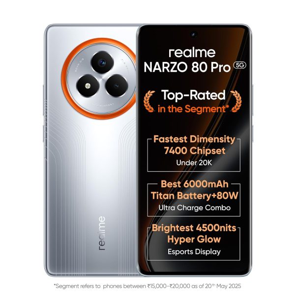 realme NARZO 80 Pro 5G (Speed Silver,12GB+256GB) | Segment's 1st MediaTek Dimensity 7400 Chipset | 6000mAh Titan Battery + 80W Ultra Charge | 4500nits HyperGlow Esports Display | IP69 Waterproof
