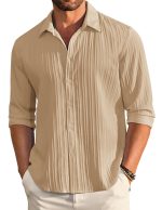 DEELMO Men's Casual Button Down Shirts Long Sleeve Linen Shirt Fashion Textured Beach Summer Shirt