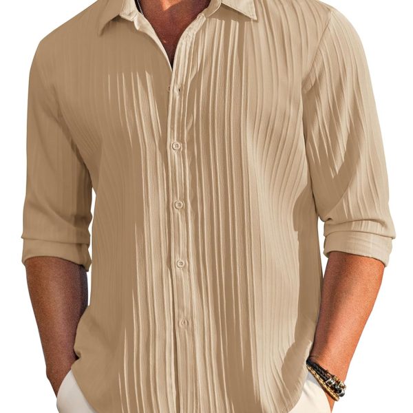 DEELMO Men's Casual Button Down Shirts Long Sleeve Linen Shirt Fashion Textured Beach Summer Shirt