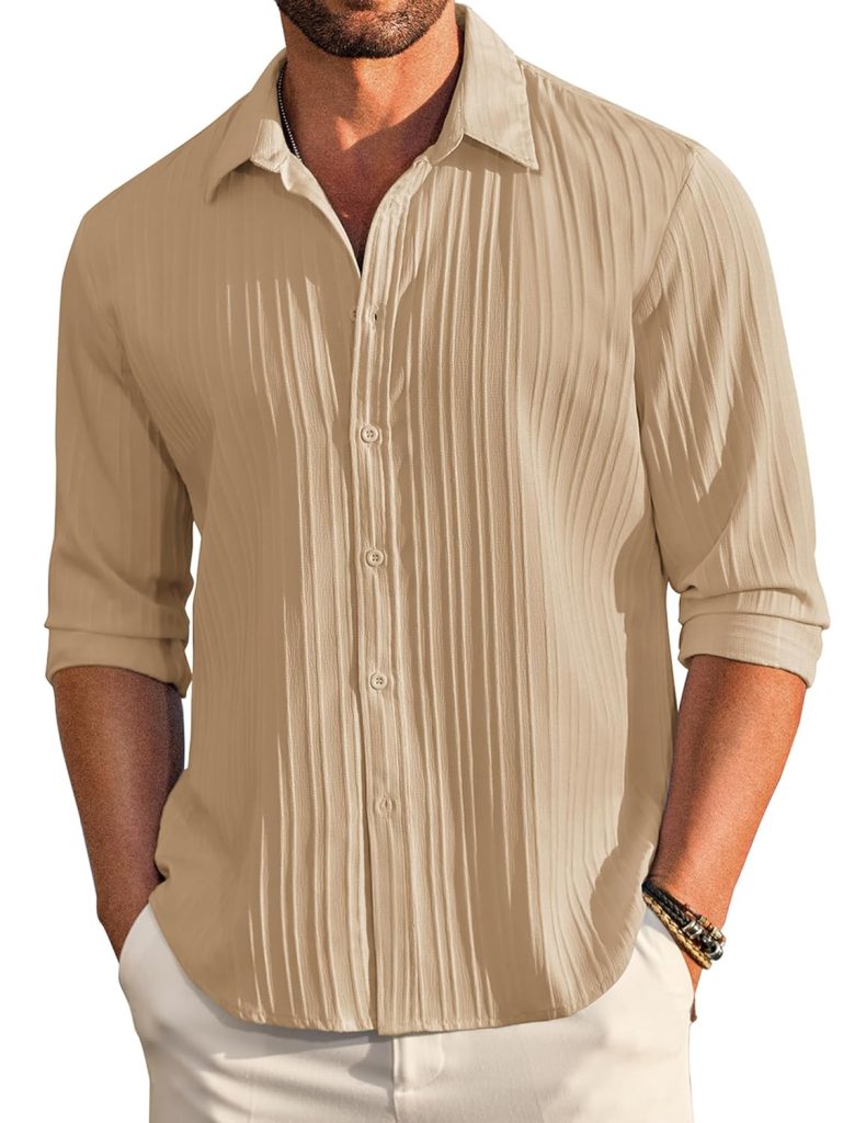 DEELMO Men's Casual Button Down Shirts Long Sleeve Linen Shirt Fashion Textured Beach Summer Shirt