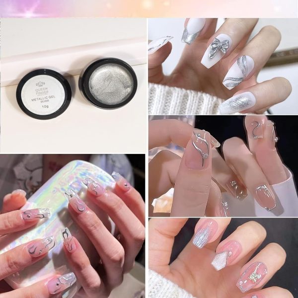 QUEENFINGER Metallic Gel Nail Polish, 3D Gold, Silver, Rose Gold for Cyber Punk French Nail Design (Pack of 3) 1E+1 grams