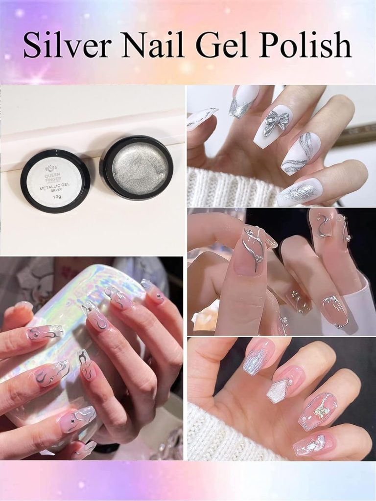 QUEENFINGER Metallic Gel Nail Polish, 3D Gold, Silver, Rose Gold for Cyber Punk French Nail Design (Pack of 3) 1E+1 grams