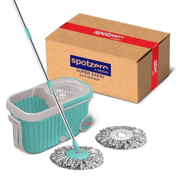 Spotzero by Milton Elite Spin Mop with Big Wheels, Puller Handle, Bucket Floor Cleaning and Mopping System 360° Flexible,2 Microfiber Refills, Big Size, Aqua Green