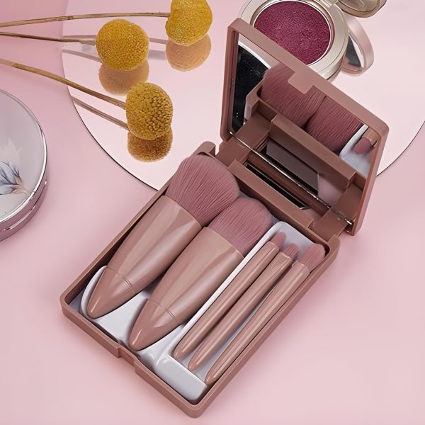 Kahan Travel Size Makeup Brushes Set Mini Makeup Brushes, Small Complete Function Cosmetic Brushes Kit with Case and Mirror Perfect for On The Go, 5PC (Mini Pink)