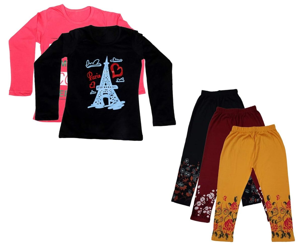 IndiWeaves Girls Combo Pack of Cotton Full Sleeve T-Shirts and Cotton Printed 3/4th Capri Pants (Carrot,Black,Black,Maroon,Yellow,14-15 Years) Pack of 5