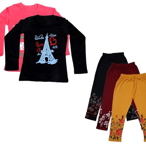 IndiWeaves Girls Combo Pack of Cotton Full Sleeve T-Shirts and Cotton Printed 3/4th Capri Pants (Carrot,Black,Black,Maroon,Yellow,14-15 Years) Pack of 5