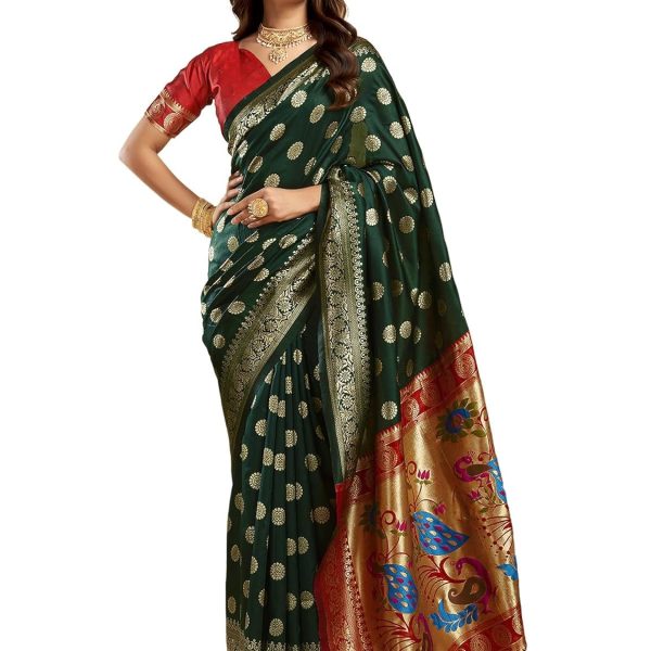 SWARON Women's Silk Blend Paithani Jacquard Work Saree with Unstitched Blouse Piece