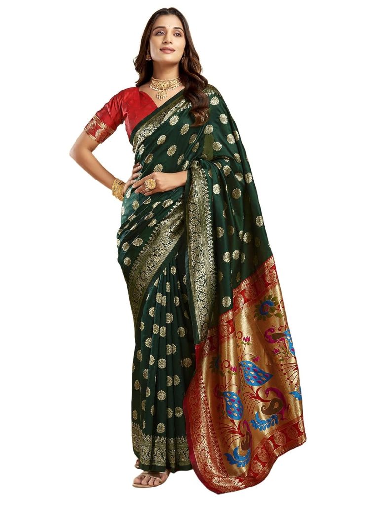 SWARON Women's Silk Blend Paithani Jacquard Work Saree with Unstitched Blouse Piece