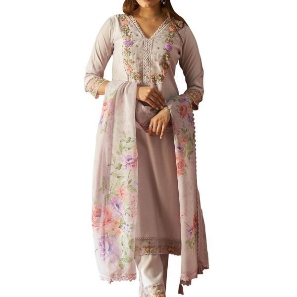 INDO ERA Women's Lavender Silk Blend Embroidered Straight Kurta And Pant With Dupatta Set
