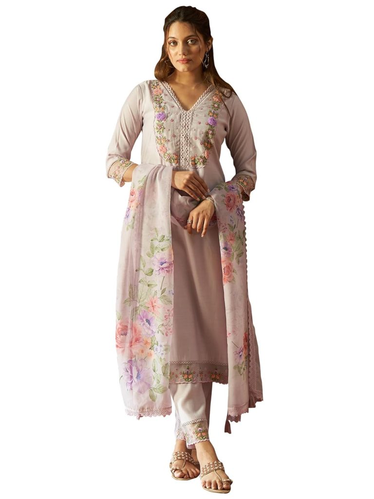 INDO ERA Women's Lavender Silk Blend Embroidered Straight Kurta And Pant With Dupatta Set