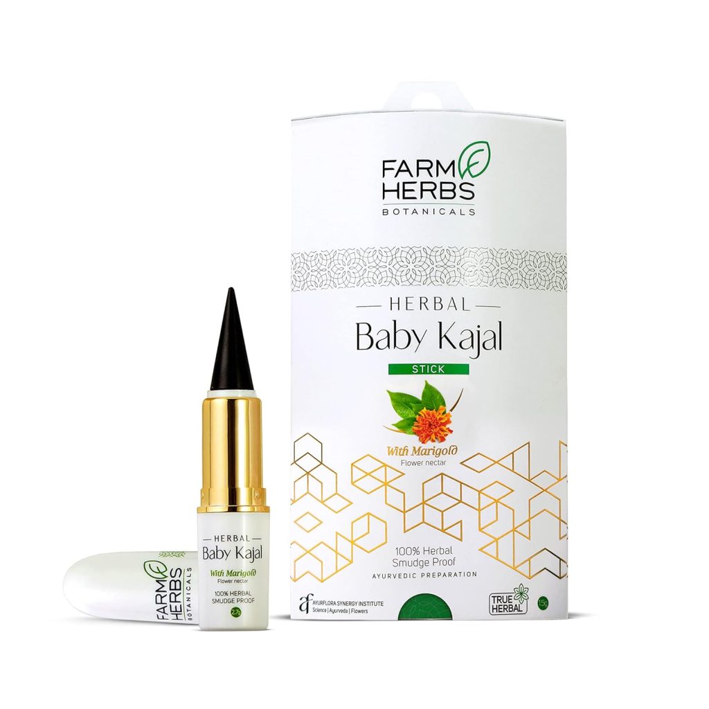 Farmherbs 100% Herbal All Natural Baby Kajal Stick - Certified Lead-free, Irritation-free, Premium Olive Wax with Pure Organic Marigold, Smudgeproof, Preservative-free, Synthetic Chemical-free, from Renowned Eyecare Institute, 100% Safe Kajal for Newborn Baby