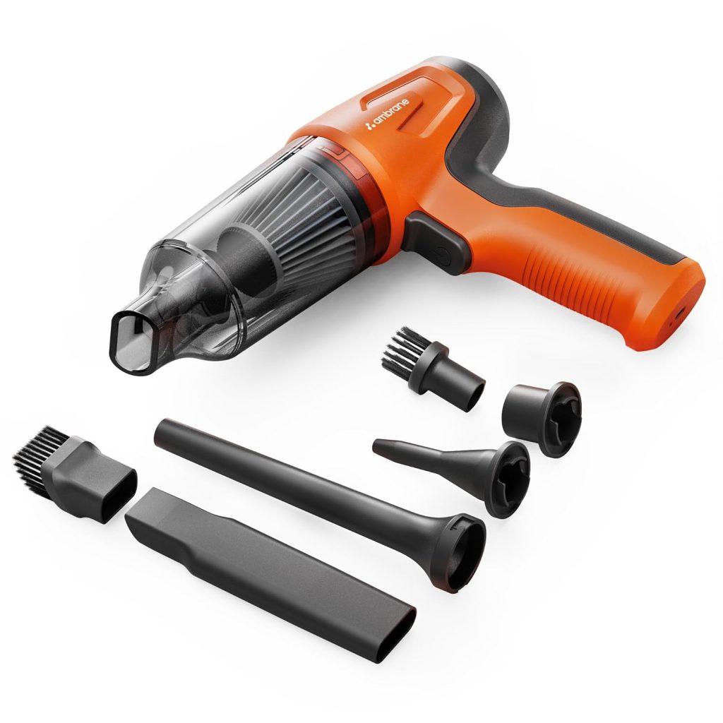 Ambrane 12kPA Powerful Suction 80W Wireless Hand Vacuum & Air Blower 2-in-1 Wireless Vacuum Cleaner, BLDC Motor HEPA Filter, Compact & Lightweight for Car, Home use, & Pet Hair (Mini Vac 02, Orange)