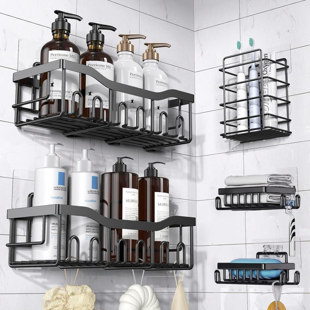 JD FRESH 5 in 1 Self Adhesive Shelf Organizer Combo/Metal Racks and Shelves for Wall/Stand for Bathroom Without Drill/Soap Holder with Tooth Brush Holder/Bathroom Accessories(Black)
