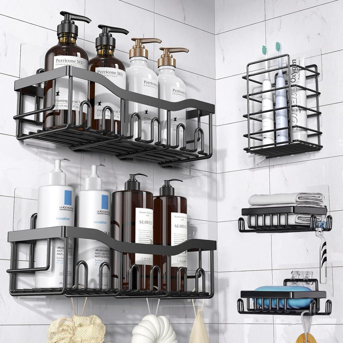 JD FRESH 5 in 1 Self Adhesive Shelf Organizer Combo/Metal Racks and Shelves for Wall/Stand for Bathroom Without Drill/Soap Holder with Tooth Brush Holder/Bathroom Accessories(Black)