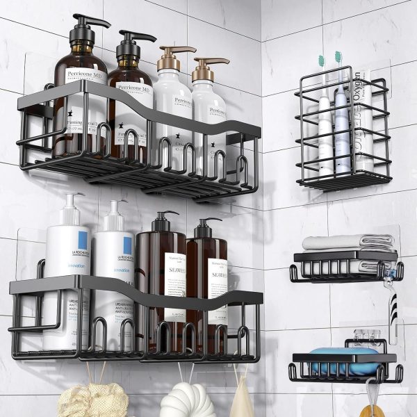 JD FRESH 5 in 1 Self Adhesive Shelf Organizer Combo/Metal Racks and Shelves for Wall/Stand for Bathroom Without Drill/Soap Holder with Tooth Brush Holder/Bathroom Accessories(Black)