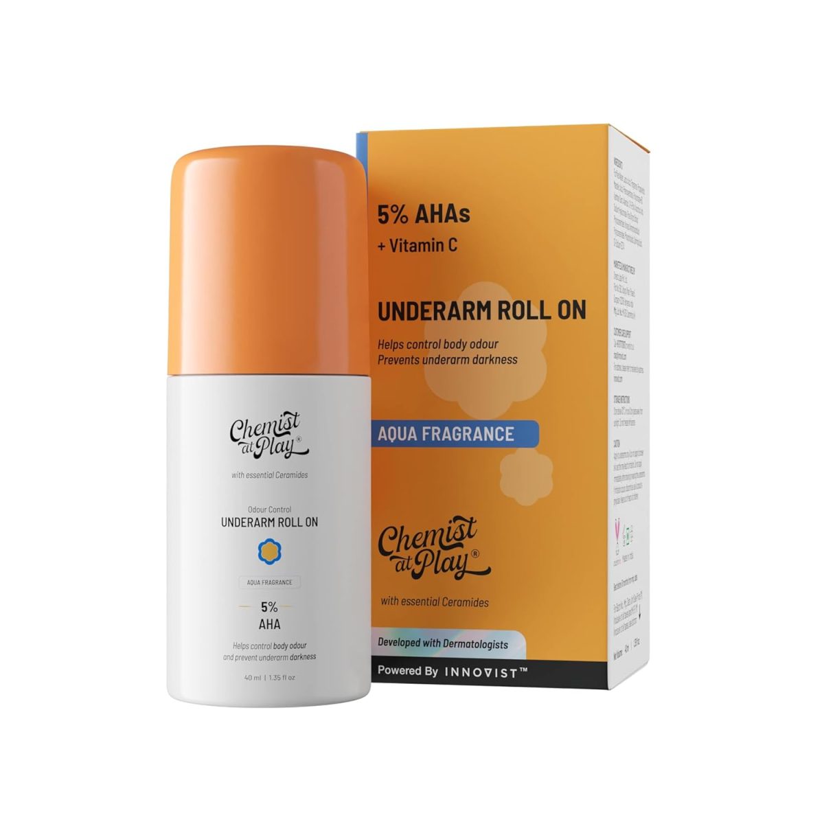 Chemist at Play UnderArm Roll-On with 5% AHA, Lactic Acid & 1% Mandelic Acid | Prevents Body Odour, Brightens Skin & Exfoliates Underarm | Fades Pigmentation & Kills Bacteria | For Sensitive Skin | Aqua Fragrance | Alcohol Free - 40ml