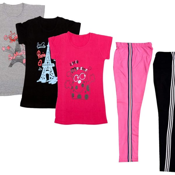 IndiWeaves Girls' Printed Half Sleeves T-Shirts and Leggings Combo (714-121310200-192422, Black, Pink, Magenta, White, Grey, 11-13 Years) Pack of 5