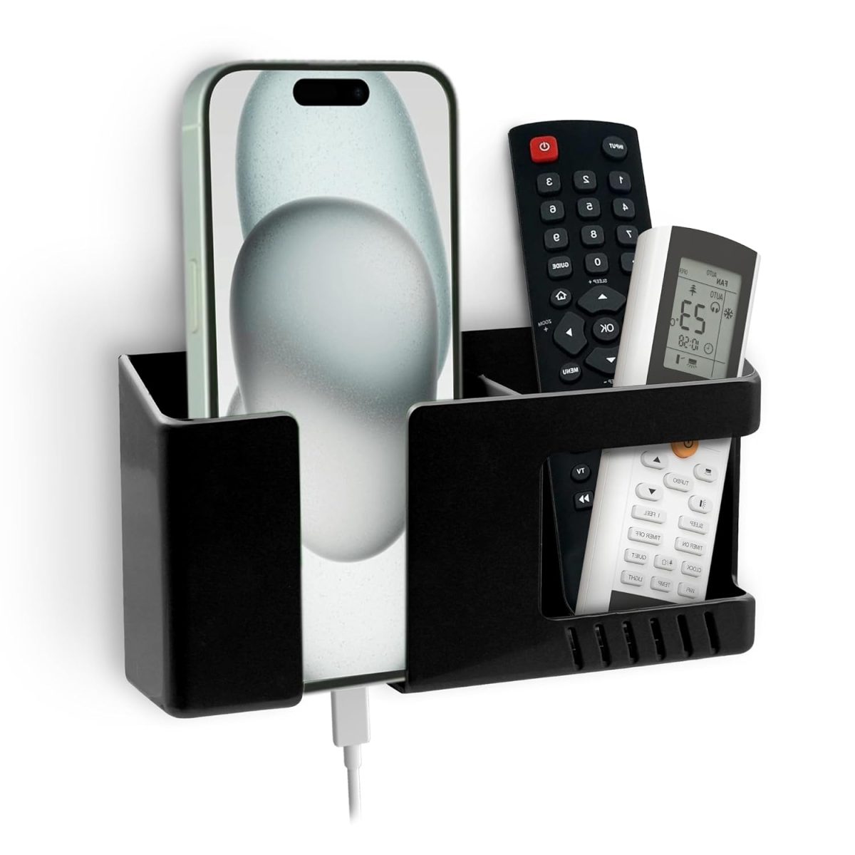 Tensea® Multifunctional Wall Mounted Mobile Holder with Remote Control Storage, Key Hanger & Pen Organizer Self-Adhesive, Space Saving Accessories for Every Room (Black)