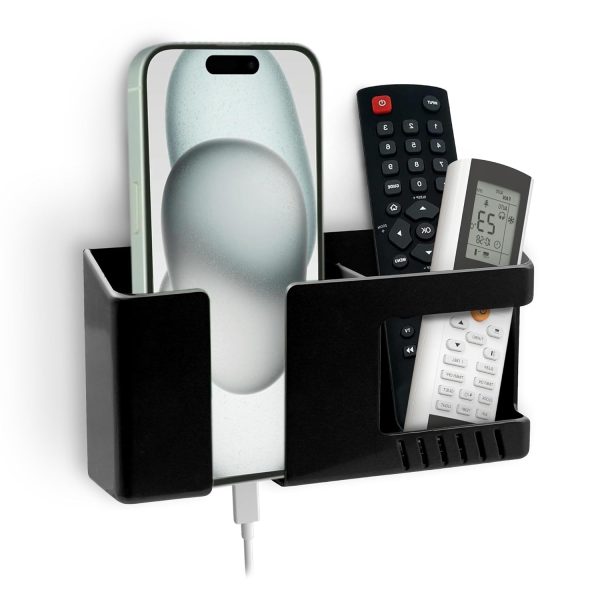 Tensea® Multifunctional Wall Mounted Mobile Holder with Remote Control Storage, Key Hanger & Pen Organizer Self-Adhesive, Space Saving Accessories for Every Room (Black)