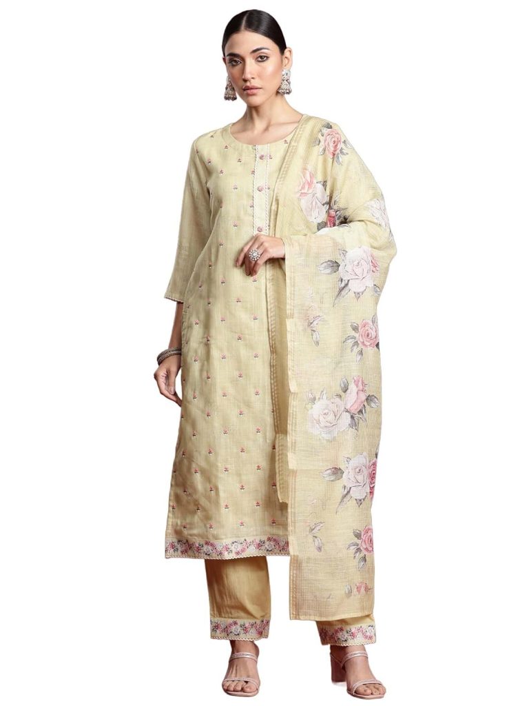 INDO ERA Women's Linen Kurta and Pant with Dupatta Set