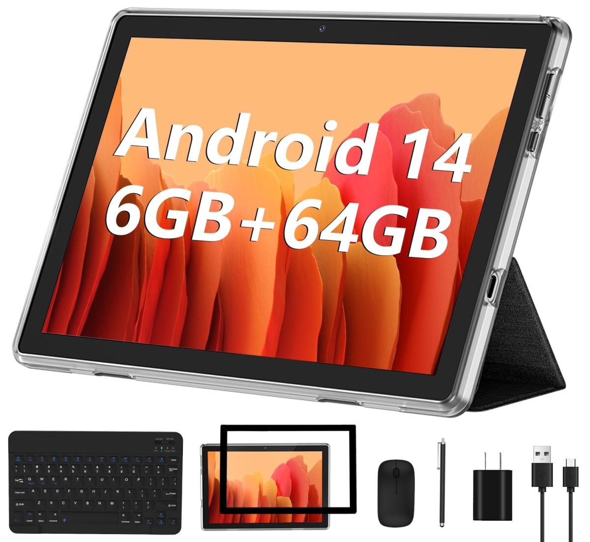 ECOPAD Android 13 Tablet 2023 - 10 Inch With 6GB RAM, 64GB ROM, 1TB Expanded, Quad-Core, 2 in 1 With Keyboard Mouse, Wi-Fi 6, Bluetooth, GMS Certified IPS Touch Screen - Black Set