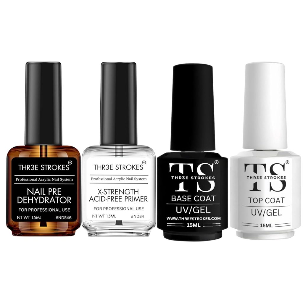 THR3E STROKES Nail Dehydrator and Primer with Gel Base & Top Coat Set, Acid Free Acrylic Nail Supplies Primer Glossy Gel Nail Polish Top Coat Starter Kit (MACHINES SE SIKHENGI)(UV LAMP REQUIRED) 15ML X 4