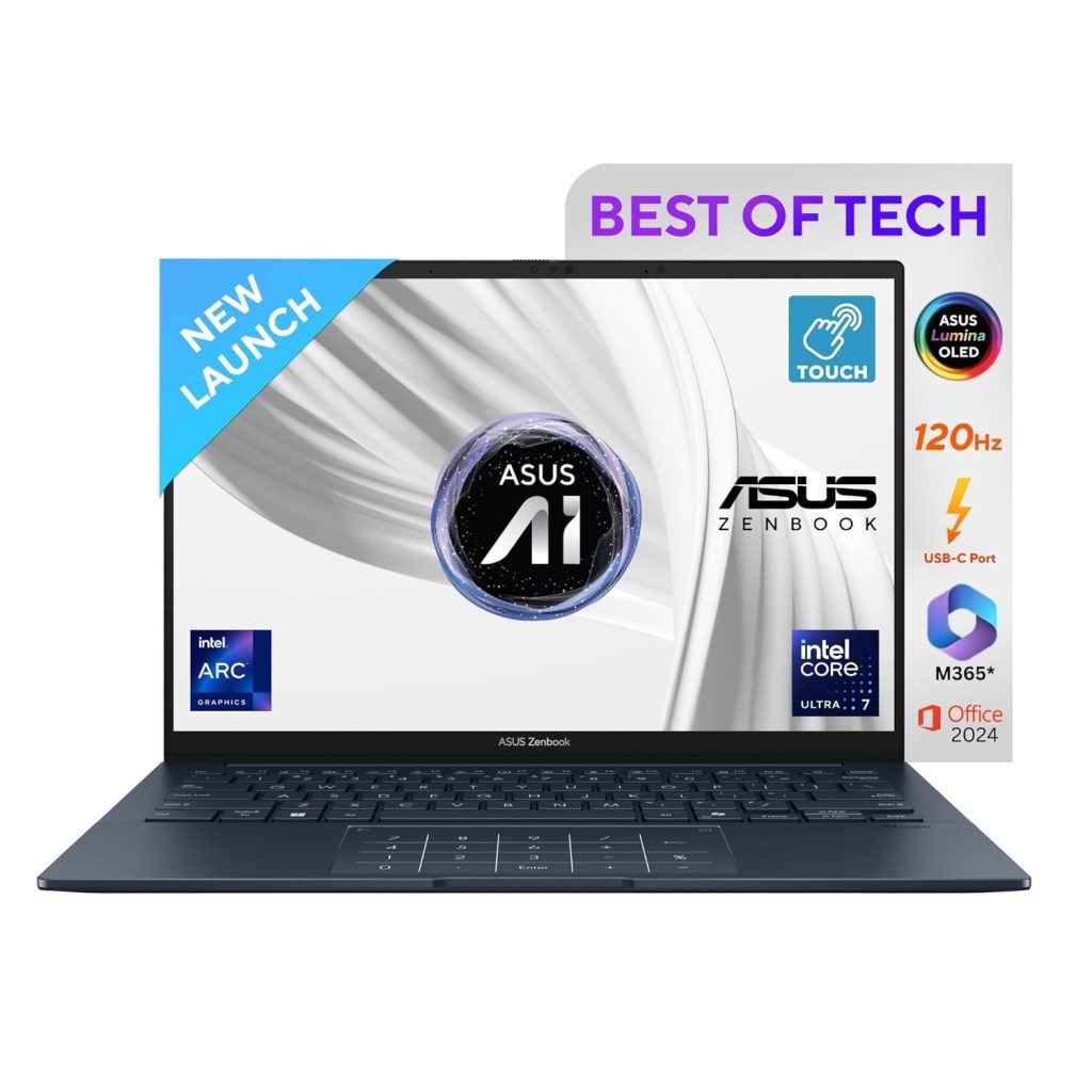 ASUS Zenbook 14,Intel Core Ultra 7 (Series 2),Thin & Light(Intel Arc iGPU/32GB/1TB/3K OLED Touch screen/14/120Hz/Windows 11/M365 Basic (1Year)*/Office Home 2024/Ponder Blue/1.28 kg) UX3405CA-PZ163WS