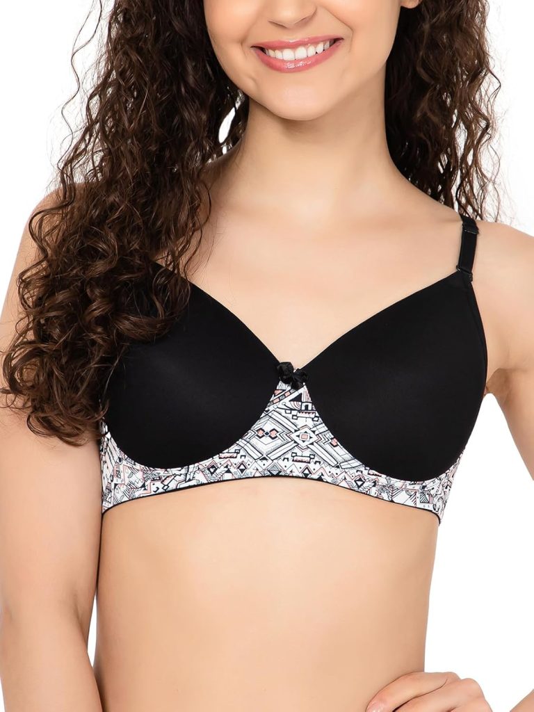 Clovia Women's Powernet Printed Padded Full Cup Wire Free T-Shirt Bra - Black