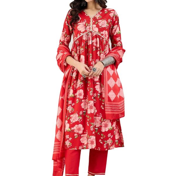 INDO ERA Women's Red Pure Cotton Printed A-Line Kurta & Pant with Dupatta Set (IESTR5487)
