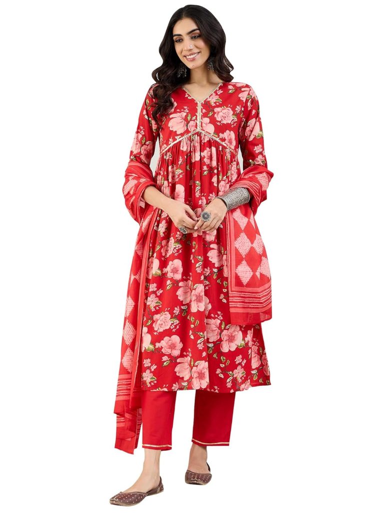 INDO ERA Women's Red Pure Cotton Printed A-Line Kurta & Pant with Dupatta Set (IESTR5487)