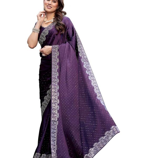 Yashika Women's Bollywood Satin Moss With Swarovski Stone Saree with Blouse |saree for Women | Silk Saree | New Sari | Latest Saree