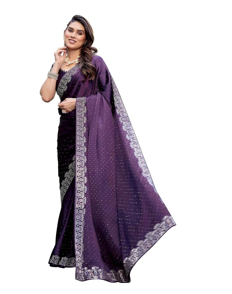 Yashika Women's Bollywood Satin Moss With Swarovski Stone Saree with Blouse |saree for Women | Silk Saree | New Sari | Latest Saree