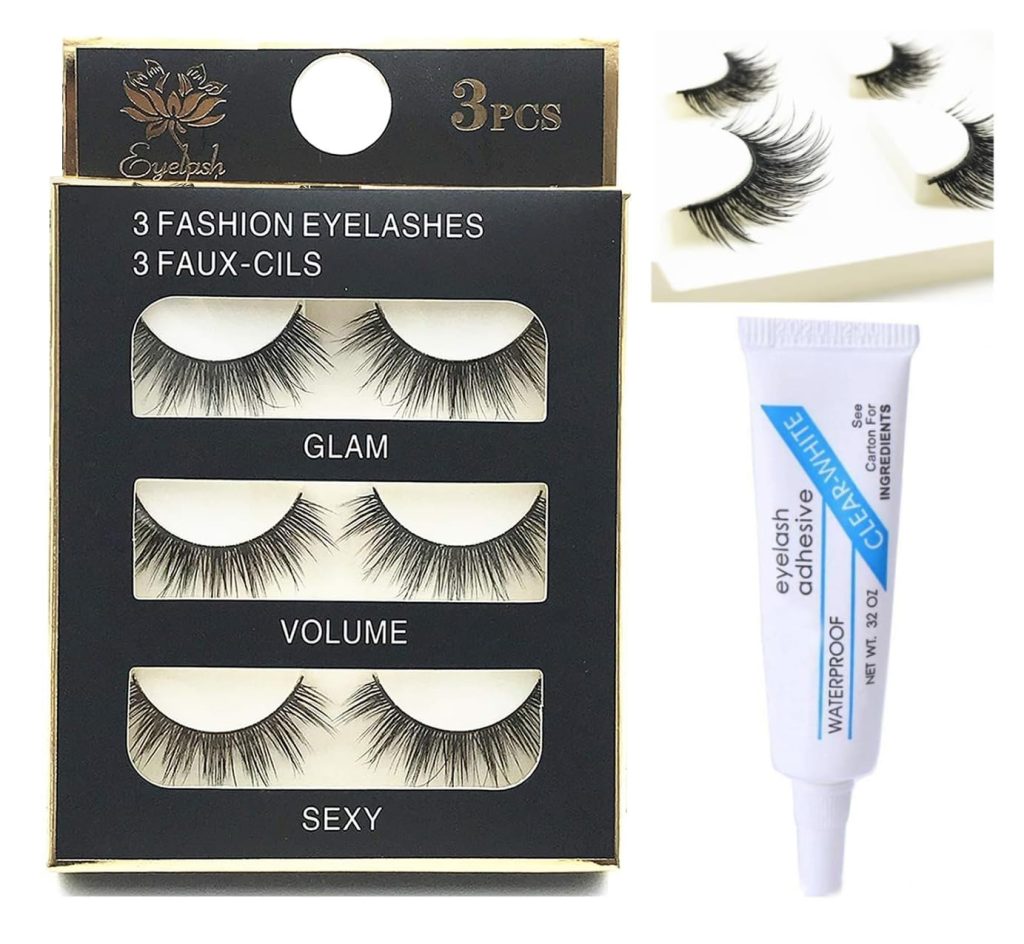HUDA GIRL Eye Lashes for Women - Black Handmade Natural Thick Long Polyester, 3 Pairs False Eyelashes with Eyelash Glue - Empathetic Reusable Extensions for Womens, Girls - Eyelash with glue Set