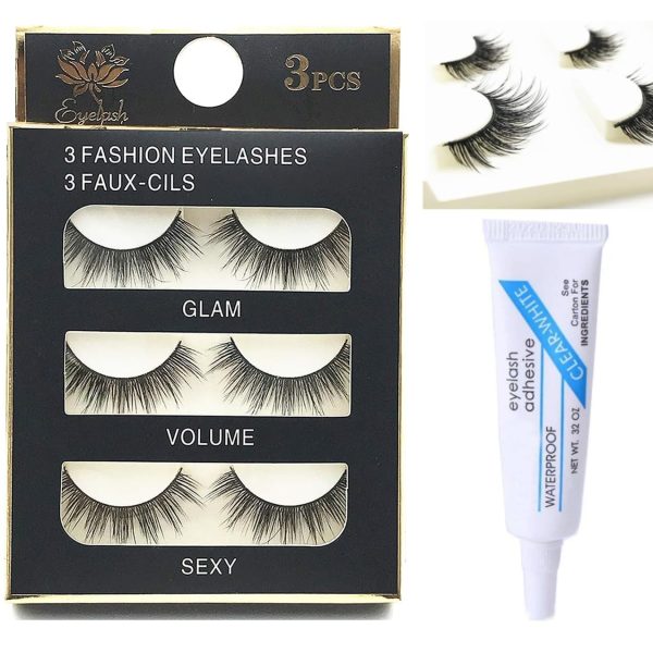 HUDA GIRL Eye Lashes for Women - Black Handmade Natural Thick Long Polyester, 3 Pairs False Eyelashes with Eyelash Glue - Empathetic Reusable Extensions for Womens, Girls - Eyelash with glue Set