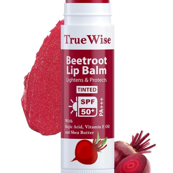 TrueWise® Tinted Lip Balm with SPF 50 PA+++ Brightening Beetroot Lip Balm For Dark Lips With Kojic Acid,Vitamin E, Soft, Glossy Lips- SPF lip balm for Women 5g