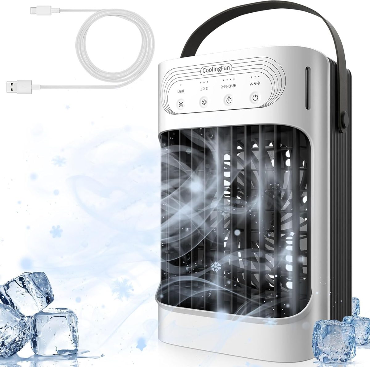 Portable Air Conditioners Cooling Fan, 3 in 1 Evaporative Air Cooler, Portable AC Unit with 3 Speeds, 3 Cool Mists, 4 Timers, 7 Color Lights, Personal Desktop Mini Cooling Fan for Room Camping Car
