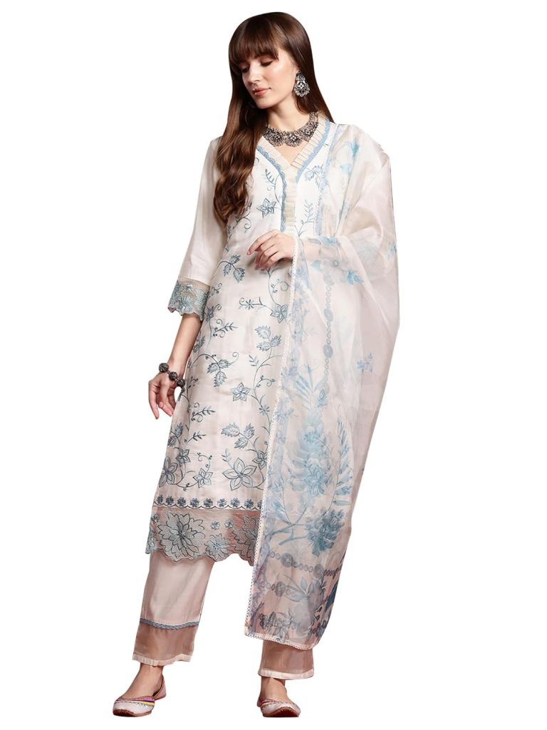 INDO ERA Women's Silk Blend Kurta and Pant with Dupatta Set