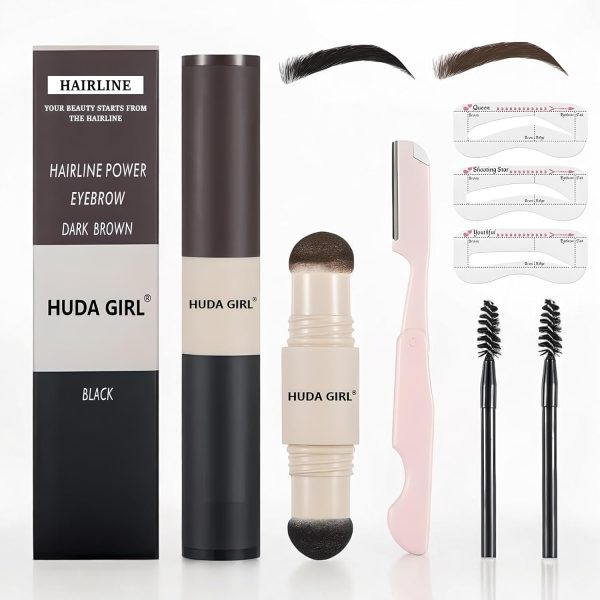 HUDA GIRL Dual Color 2in1 Hairline Powder & Eyebrow Filler for Women, Instant Hair Touch Up & Eyebrow Shaper Kit including Brow Stick Black & Brown with Razor, 2pcs Brush & 3 Brow Stencils