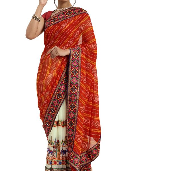 KAVINDI Women's Georgette Half & Half Bandhani Printed Saree With Unstitched Blouse